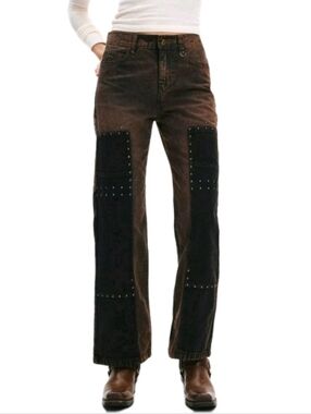BDG Womens Jeans 28 Brown Wide-Leg Patchwork with Black Stud Panels Western Core